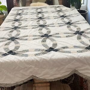 Vintage Patchwork Quilt Queen Double Wedding Ring Cotton Blue and White